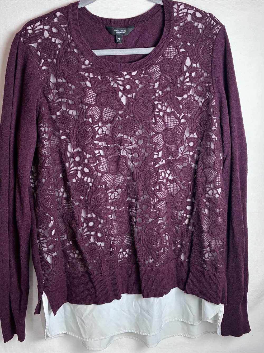 Simply Vera Vera Wang Layered Lace Front Sweater XL Plum Purple Mixed Media Knit